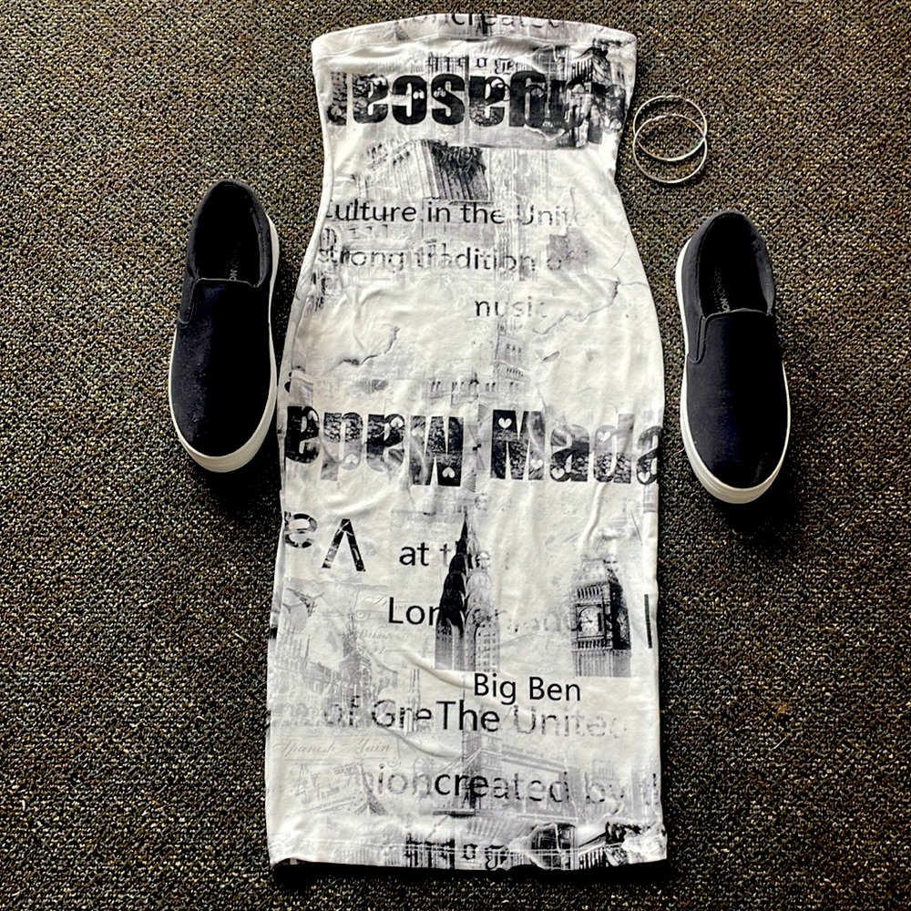 MIDI DRESS. Black & white midi dress with a little grey. Tri-colored.